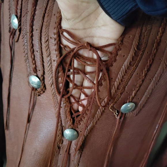 Leather Vintage Fringe Native Tunic Jacket Shirt - Picture 4 of 8
